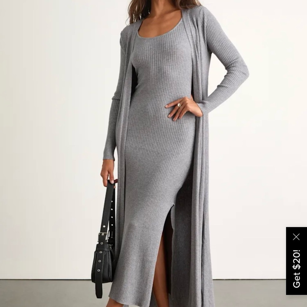 Lulu's Layer Lover Heather Grey Ribbed Midi Dress & Cardigan Set